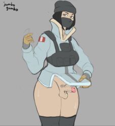 1futa 3rd_party_edit balls black_hair bottomless breasts clothed clothing erection frost_(rainbow_six) futa_only futanari human jumbogumbo light-skinned_futanari light_skin partially_clothed penis rainbow_six rainbow_six_siege short_hair small_penis solo source_request standing thighhighs