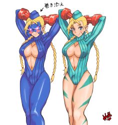 2girls alternate_costume blonde_hair blue_eyes blue_pantyhose blush breasts cammy_white center_opening cleavage clone clonecest clothed covered_nipples decapre females_only hands_behind_head hat highres hori_shin_(horishin1986) large_breasts leotard light-skinned_female light_skin long_sleeves mask multiple_girls navel no_bra pantyhose red_gloves scar scar_on_face sisters street_fighter street_fighter_alpha twin_braids