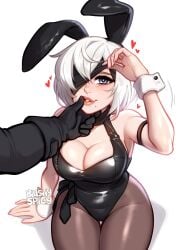 1boy 1girls among_us among_us_reference artist_name beauty_mark big_breasts black_leotard blindfold blindfold_lift blushypixy blushyspicy breasts bunny_ears bunny_girl bunnysuit cleavage clothed clothed_female clothes clothing deep_cleavage finger_on_lip grey_eyes hartman_hips heart hi_res hidden_amogus highres hips hourglass_figure large_breasts leggings leggings_leotard leotard looking_at_viewer looking_up looking_up_at_viewer nier:_automata pantyhose peeping plain_background pov robot robot_girl sitting slim slim_girl slim_waist sussy_baka thick_thighs thigh_gap thunder_thighs thunderthighs tight_clothing tight_fit tight_leotard watermark white_background white_hair wholesome wide_hips wrist_cuffs yorha_2b yorha_9s