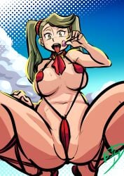 big-d breasts brown_hair curvy female gundam gundam_build_fighters gundam_build_fighters_try large_breasts lollipop long_hair micro_bikini red_bikini saliva saliva_trail sazaki_kaoruko sling_bikini slingshot_swimsuit squatting thick_thighs tongue tongue_out twintails