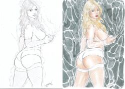 ass ass_focus black_and_white blonde_hair blue_eyes booty_shorts breasts bubble_butt colored dat_ass emma_frost female fishnets jeanartes looking_at_viewer looking_back marvel marvel_comics new_x-men nipples pawg sideboob telepath topless topless_female white_queen x-men