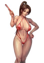 1girls brown_eyes brown_hair choker cirenk fatal_fury huge_breasts king_of_fighters long_hair looking_at_viewer mai_shiranui micro_bikini ponytail snk thong voluptuous