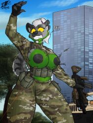 absurd_res big_breasts breasts clothing female gun hi_res hyena mammal military ranged_weapon shirt topwear torn_clothing torn_shirt torn_topwear unifrom victhetiger wardrobe_malfunction weapon