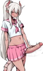 1femboy astolfo_(fate)_(cosplay) balls big_penis dark-skinned_male dark_skin erect_penis femboy girly long_ponytail male male_only navel penis ponytail red_eyes ruby_(nox) solo solo_male testicles tiger_drop trap uncensored white_hair