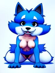 ai_generated anthro big_breasts blue_fur furry furry_female happy no_panties obedient on_all_fours submissive_female underpants