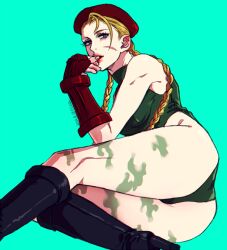 1girls ass blonde_hair boots cammy_white clothed elina_kuroe_no_daarin female gloves leotard solo street_fighter street_fighter_iv twin_braids