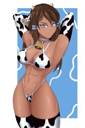 1girls abs arms_behind_head avatar_legends bikini blue_eyes brown_hair cow_ears cow_girl cow_print cowprint dark-skinned_female dark_skin female female_only korra navel solo the_avatar the_legend_of_korra thong topkcat water_tribe