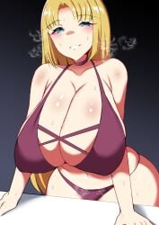 1girls artist_request bikini blonde_hair blue_eyes child_bearing_hips chloe_mansfield cleavage female female_only huge_breasts legs long_hair looking_at_viewer navel parted_lips shuumatsu_no_harem smile solo sweat thick_thighs thighs voluptuous