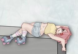 1girls armpits arms_behind_head bare_arms bare_midriff bare_navel bare_thighs crop_top doki_doki_literature_club dynamic_pose eyebrows_visible_through_hair eyes_visible_through_hair female female_only hair_ribbon knee_socks lying_down lying_on_back lying_on_ground maretenho_(artist) natsuki_(doki_doki_literature_club) navel navel_line oerba_yun_fang pale_skin petite petite_body petite_female pink_eyes pink_hair red_ribbon relaxed relaxed_expression relaxing roller_skates rollerskates short_shorts slender_waist small_breasts smiling socks solo striped_legwear striped_socks stylized sunbathing thick_thighs thighs toned toned_female toned_legs toned_stomach toned_thighs wide_hips