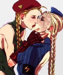 2girls backless_outfit blonde_hair breasts cammy_white clone clonecest decapre duo elina_kuroe_no_daarin female female/female female_only females_only french_kiss incest kissing leotard medium_breasts multiple_girls no_mask sisters street_fighter street_fighter_iv twin_braids yuri