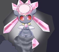 2021 clothed clothing diancie dizzytizzy dress female flashing genitals grey_body hi_res humanoid legendary_pokemon looking_at_viewer nintendo pink_eyes pokemon pokemon_(species) pussy raised_clothing raised_dress red_sclera smile solo