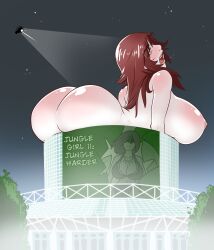 1girls ass big_breasts breasts brown_hair convention covering_breasts female giantess green_eyes huge_ass huge_breasts hyper_breasts idolmonkeh large_breasts mostly_nude nipples nude nude_female original solo solo_female stuck thick_eyebrows tobi_(idolmonkeh) white_background