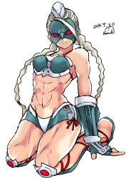 1girls 2014 abs alternate_costume armored_gloves artist_signature bike_shorts bikini_armor clothed dated decapre digital_media_(artwork) female mask muscular muscular_female platinum_blonde_hair samidare_satsuki shorts small_breasts solo street_fighter street_fighter_iv thick_thighs twin_braids