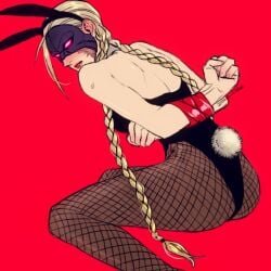 1girls arms_behind_back ass blush bondage bondage bound_arms decapre elina_kuroe_no_daarin female fishnets flat_ass leotard mask playboy_bunny scar scar_on_face solo street_fighter street_fighter_iv