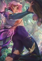 1boy ass azalien bich_hoan bichhoan bubble_butt butterfly clothed clothed_male crop_top exposed_midriff ezreal faerie_court_ezreal faerie_court_series fairy fairy_wings gay league_of_legends male_only pink_hair pointy_ears stirrup_legwear tight_pants wings yaoi