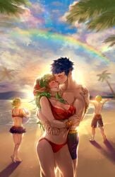 2boys 2girls ahoge alternate_costume back ball beachball bikini bikini_skirt blue_hair blue_sky blush bracelet breasts cleavage cloud commentary english_commentary family father_and_daughter father_and_son female fire_emblem fire_emblem_awakening fire_emblem_heroes green_hair hair_ornament holding holding_ball hug hug_from_behind husband_and_wife jewelry kissing kissing_cheek krazehkai large_breasts long_hair male male_swimwear morgan_(fire_emblem) morgan_(fire_emblem)_(female) morgan_(fire_emblem)_(male) mother_and_daughter mother_and_son multiple_boys multiple_girls muscular muscular_male navel nintendo official_alternate_costume official_alternate_hair_color open_mouth outdoors pointy_ears ponytail purple_bikini rainbow red_bikini red_swimsuit ring robin_(fire_emblem) robin_(fire_emblem)_(male) sand short_hair skirt sky smile stomach sunlight swim_trunks swimsuit tiki_(adult)_(fire_emblem) tiki_(adult)_(summer)_(fire_emblem) tiki_(fire_emblem) topless_male water wedding_ring wholesome