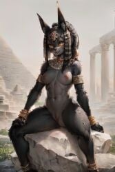 1girls abs ai_generated anthro anubis belly_button breasts complex_background dark_fur ear_fluff egyptian_mythology female fur furry hi_res highres jewelry kesura_art long_ears mythology nipples nude pussy pyramid sitting solo two_tone_fur