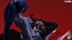 2girls 3d 4k absurd_res blender blizzard_entertainment blowjob bodysuit d.va deepthroat dildo fishnet_shirt freekiller hair head_grab hi_res high_heels kneeling latex latex_stockings leglock looking_at_another looking_down looking_up oral overwatch sitting strap-on throat_training wet_skin widowmaker yuri