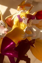 3d_(artwork) anal anal_sex animal_genitalia animal_penis anthro anthro_on_anthro anthro_penetrated anthro_penetrating anthro_penetrating_anthro armpit_sniffing bandai_namco bed blender_(software) blush braixen canine_genitalia canine_penis clothing crossover digimon digimon_(species) digital_media_(artwork) fellatio furniture genitals group hi_res inner_ear_fluff legwear lying lying_on_bed male male/male male_penetrated male_penetrating male_penetrating_male nintendo on_bed oral penetration penile penis pokemon pokemon_(species) renamon sex sneakyphox sniffing stockings tongue tongue_out trio tuft