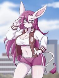 anthro cachi_(lucyfercomic) donkey furry glasses jacket lucyfercomic original original_character purple_eyes purple_hair purple_shorts sports_bra sports_shorts