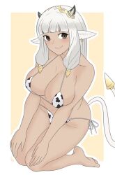 1girls ash_(fire_emblem) bangs bare_legs barefoot big_breasts breasts brown_eyes cleavage cow_girl cow_print cow_print_bikini dark-skinned_female dark_skin earrings female female_only fire_emblem fire_emblem_heroes kneeling large_breasts legs looking_at_viewer ma_(artist) medium_hair nintendo pointy_ears smile solo white_hair