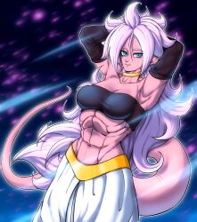 1girls 2d abs android_21 android_21_(good) athletic athletic_female belly_button bio-android_(dragon_ball) blue_eyes breasts dragon_ball dragon_ball_fighterz dragon_ball_z fit fit_female hoop_earrings looking_at_viewer majin_android_21 medium_breasts muscular muscular_female navel pink-skinned_female pink_skin pointy_ears seductive_pose six_pack smile smiling smiling_at_viewer solo solo_female spiked_hair spiky_hair tail vomi_(dragon_ball) white_hair