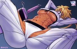 arrancar bleach blonde_female blonde_hair espada green_eyes laying_down legs_spread muscles muscular muscular_female pinup pinup_pose six_pack tia_harribel underboob whox