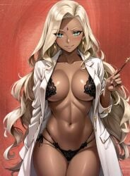 ai_generated big_breasts bindi blonde_hair blue_eyes bra cleavage code_geass dark-skinned_female earrings high_resolution indian indian_female labcoat long_hair nightgown panties rakshata_chawla smile smiling_at_viewer smoking_pipe stable_diffusion