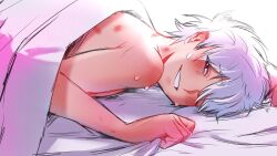 after_sex bite_mark blush gintama gintoki_sakata grin hickey_marks in_bed kasakasagogo looking_at_viewer male male_only nude on_bed on_stomach one_eye_closed red_eyes sheet_grab smile solo sweat upper_body white_hair wink