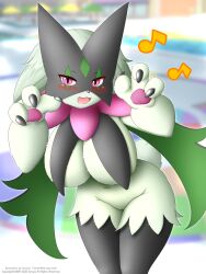 3:4 :3 adorable anthro big_breasts blush breasts cute cute_face english_text faroula_twitt felid feline female female_only fur generation_9_pokemon green_body hi_res looking_at_viewer mammal meowscarada navel nintendo open_mouth pokemon pokemon_(species) pokemon_sv smile solo solo_female text