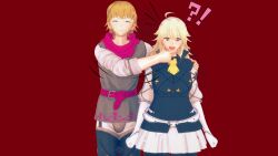 1boy 1girls 3d ?! blonde_hair breasts closed_eyes cousins elbow_gloves english_text female fire_emblem fire_emblem_fates gloves hamma_hamma hand_on_chin hand_on_face incest large_breasts long_hair male nintendo open_mouth pink_eyes shocked short_hair siegbert_(fire_emblem) skirt smile soleil_(fire_emblem) text