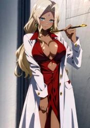 ai_generated big_breasts bindi blonde_hair blue_eyes cleavage code_geass dark-skinned_female earrings high_resolution indian indian_female kiseru labcoat long_hair nightgown no_bra rakshata_chawla smile smiling_at_viewer smoking_pipe stable_diffusion