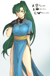 1girls bare_legs breasts female female_only fingerless_gloves fire_emblem fire_emblem:_the_blazing_blade gloves green_eyes green_hair large_breasts legs long_hair looking_at_viewer lyn_(fire_emblem) meme nintendo pelvic_curtain ponytail smile solo stripping tridisart twitter_strip_game_(meme) undressing very_long_hair