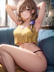 1girls ai_generated armpits arms_behind_back arms_up curvaceous curvy_body curvy_female curvy_figure female_focus female_only genshin_impact high_resolution jordan53 lisa_(genshin_impact) long_hair mihoyo seductive_look stable_diffusion underwear voluptuous voluptuous_female