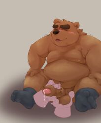 0ottotto0 2023 anthro balls bear belly big_belly black_nose brown_body closed_eyes erection genitals hi_res kemono male mammal moobs nipples overweight overweight_male penis sitting solo_focus