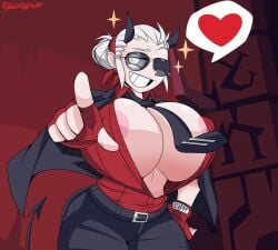 1girls areolae bandana big_breasts black_pants blind boob_window breasts button_down_shirt clothing demon demon_horns demon_tail female gloves hair_bun helltaker huge_breasts justice_(helltaker) looking_at_viewer nipple_bulge pointing pointing_at_viewer red_shirt rollerlane smiling smiling_at_viewer solo solo_female sunglasses tie tight_clothing tinted_eyewear tomboy white_hair