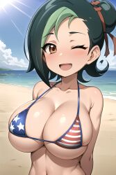 1girls ai_generated alternate_breast_size american_flag_bikini beach bikini brown_eyes eroeroai female female_only green_hair huge_breasts kotori_mizuki mizuki_kotori ribbon smile solo tori_meadows yu-gi-oh! yu-gi-oh!_zexal