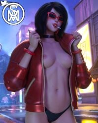 3d 3d_(artwork) asian asian_female black_hair blender brown_eyes collar evie_(fortnite) fortnite jacket lipstick looking_at_viewer middlemansfm outside panties sunglasses tinted_eyewear topless