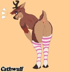 anthro antlers anus ass balls big_butt cathwulf cervine clothing deer footwear genitals hooves horn legwear male mammal nude presenting presenting_hindquarters simple_background socks solo stockings tail