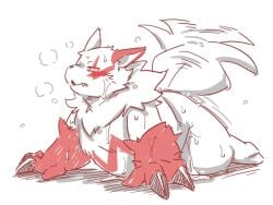 ambiguous_fluids ambiguous_gender anthro black_nose bodily_fluids breath claws fur generation_3_pokemon lying nintendo on_front open_mouth overweight pokemon pokemon_(species) red_sclera solo sweat tail tail_motion tailwag takagi_kyou teeth_showing white_body white_fur zangoose