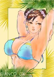 1girls armpits arms_behind_head artist_name big_breasts bikini breasts brown_eyes brown_hair busty capcom chun-li cleavage double_bun female female_only fully_clothed hair_bun highres large_breasts pose posing sensual sexy_armpits solo street_fighter swimsuit voluptuous