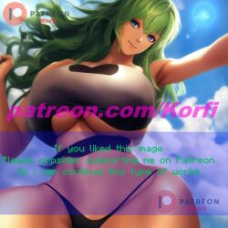 ai_generated background belly black_sports_bra black_underwear blue_eyes closed_mouth clouds cloudy_sky detailed_background detailed_sky green_hair grin huge_breasts korfi_(artist) lens_flare looking_at_viewer muscular muscular_female navel patreon patreon_username reaching reaching_out realistic realistic_shading shiny sky smiling sports_bra sunlight thick_thighs thighs underboob