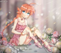 ahiru_(princess_tutu) ahoge blue_eyes braid braided_hair choker colored detailed detailed_background dress female female_only flower fully_clothed long_hair orange_hair panties pita princess_tutu rose rose_(flower) shaded shoes sitting skirt smile solo solo_female upskirt