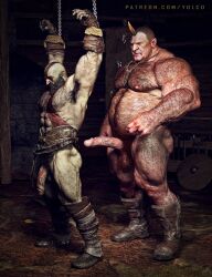 ass bald bald_man bara big_dom_small_sub big_muscles big_penis chained chains erect_penis erection god_of_war hairy hairy_ass kratos male/male male_only muscular muscular_male nude orc restrained standing yolco