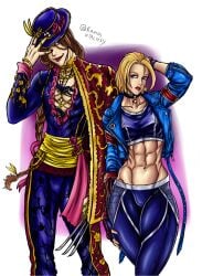 1boy 1girls abs arms_above_head arms_up blonde_hair blue_clothes blue_clothing blue_eyes blue_jacket bracelet bracelets braid braided_hair braided_ponytail braids brown_hair cammy_white cape claws claws_out collar flower fully_clothed gloves golden_clothing hat lipstick looking_at_another medium_breasts muscle muscles muscular muscular_female nail_polish open_clothes open_clothing open_eyes open_shirt painted_nails pink_clothing ramosvitalixxx red_clothing red_lipstick rings self_upload smile smiling smiling_at_another snake snake_tattoo spanish_history street_fighter street_fighter_6 tattoo tattoo_on_chest tattoos topwear vega_(street_fighter) yellow_clothing