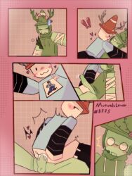 2boys awkwardnesss bandages blocky_body blush clothing comic cum cum_in_ass cum_inside digital_drawing_(artwork) digital_media_(artwork) discord_tag gay green_penis green_skin hoodie male male/male male_only mob_face pants_down pin_down roblox roblox_avatar robloxian self_upload traffic_cone tshirt white_skinned_male