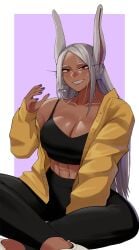 1girls abs animal_ears bangs black_leggings black_tank_top blue_nails blush breasts cleavage collarbone commentary dark-skinned_female dark_skin female fully_clothed grey_hair grin gud0c highres indian_style leggings long_hair looking_at_viewer midriff miruko muscular muscular_female my_hero_academia nail_polish parted_bangs rabbit_ears red_eyes rumi_usagiyama sitting smile solo sweat symbol-only_commentary tank_top