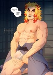 abs bara_tiddies bara_tits beard_stubble big_pecs blonde_hair bulge demon_slayer dialogue dilf flaccid fundoshi inviting_to_sex kimetsu_no_yaiba kimono male_nipples male_only muscular_arms muscular_male muscular_thighs on_knees orange_eyes presenting_bulge rengoku_shinjurou serratus serratus_anterior smiling solo solo_male soynutts text text_bubble two_tone_hair veins veiny_arms