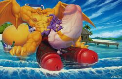 3_fingers 4_toes anal anal_sex anthro balls beach beach_chair big_balls big_penis black_penis dragon dragoneer_(character) feet fingers foreskin genitals hi_res huge_balls huge_cock hyper hyper_balls hyper_genitalia hyper_penis laying_on_penis licking living_condom male male/male male_only multi_genitalia multi_penis muscular muscular_anthro muscular_male oral penetration penile penis penis_lick purple_body reilsss seaside sex size_difference stomach_bulge tail toes tongue tongue_out triphallia tropical vein veiny_penis voidlesky water wings yellow_body