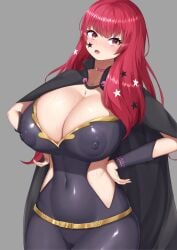 1girls areolae bangs bare_midriff breasts cape choker cleavage covered_nipples facial_tattoo female female_only fire_emblem fire_emblem_engage hair_ornament huge_breasts long_hair midriff nintendo open_mouth partially_visible_vulva red_eyes red_hair sharen solo star star_(symbol) sweat tattoo thick_thighs thighs yunaka_(fire_emblem)